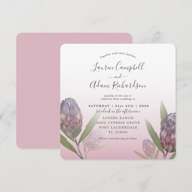 Invitación Boda floral rosa y morada de Rubor tropical (Anverso / Reverso)