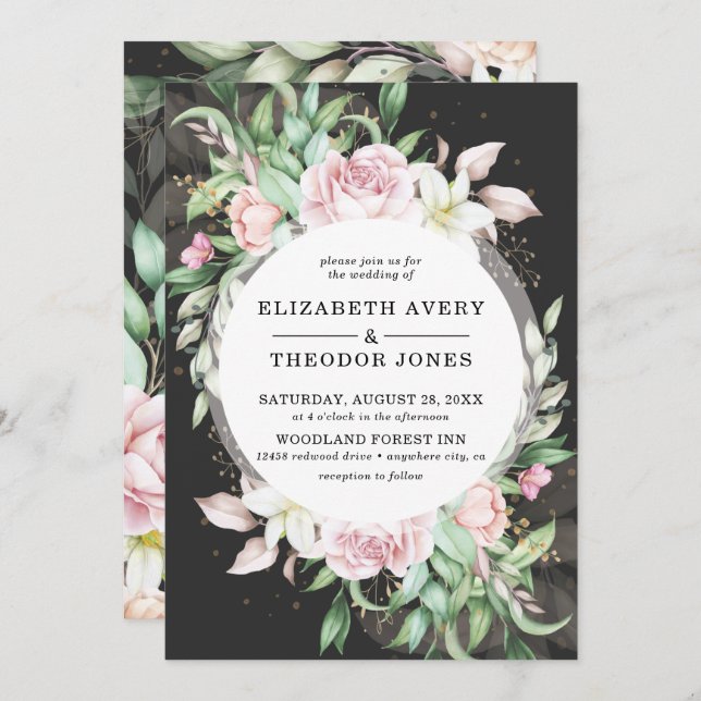 Invitación Boda floral rosa y negro de lujo (Anverso / Reverso)