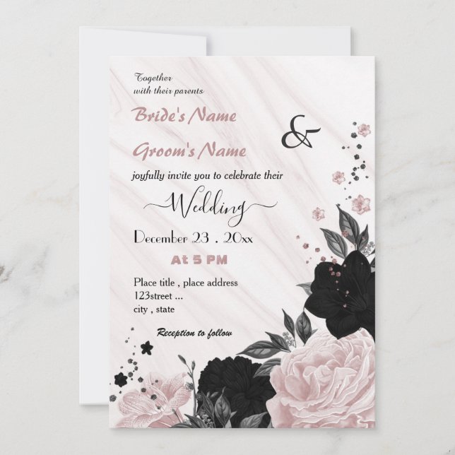 Invitación boda floral rosa y negro suave (Anverso)