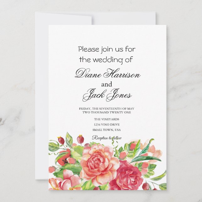 Invitación Boda floral rosa y rosa (Anverso)