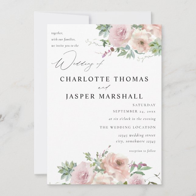 Invitación Boda Floral rosa y suculento de Rubor (Anverso)