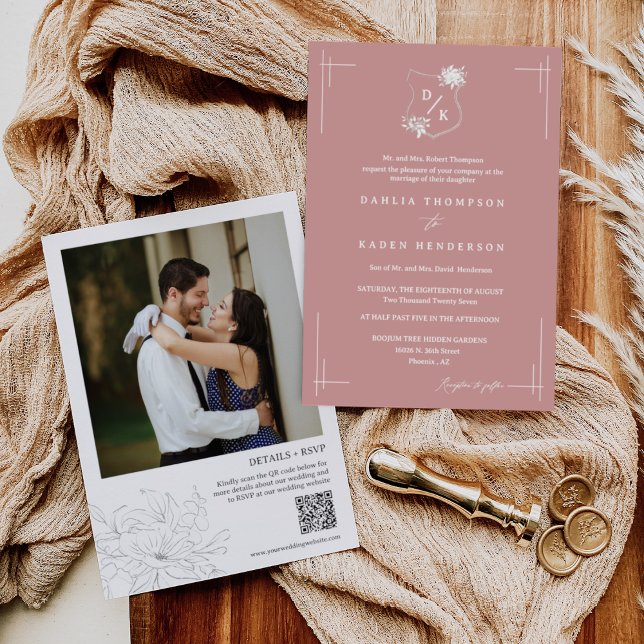 Invitación Boda floral rosa y turbio Escudo Boho QR Code Phot (Subido por el creador)