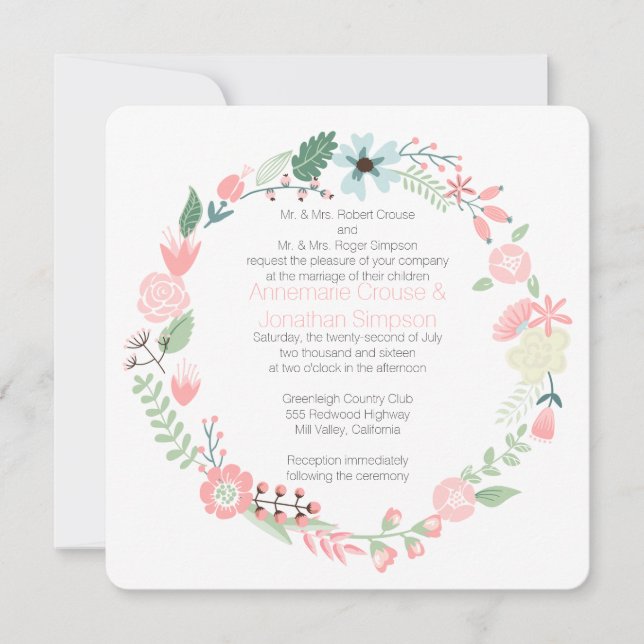 Invitación Boda Floral Rosa Y Verde (Anverso)