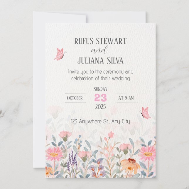 Invitación Boda floral rosa y verde (Anverso)