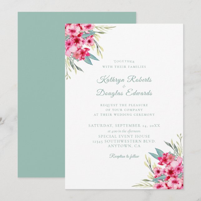 Invitación Boda floral rosa y Verde azulado romántico (Anverso / Reverso)