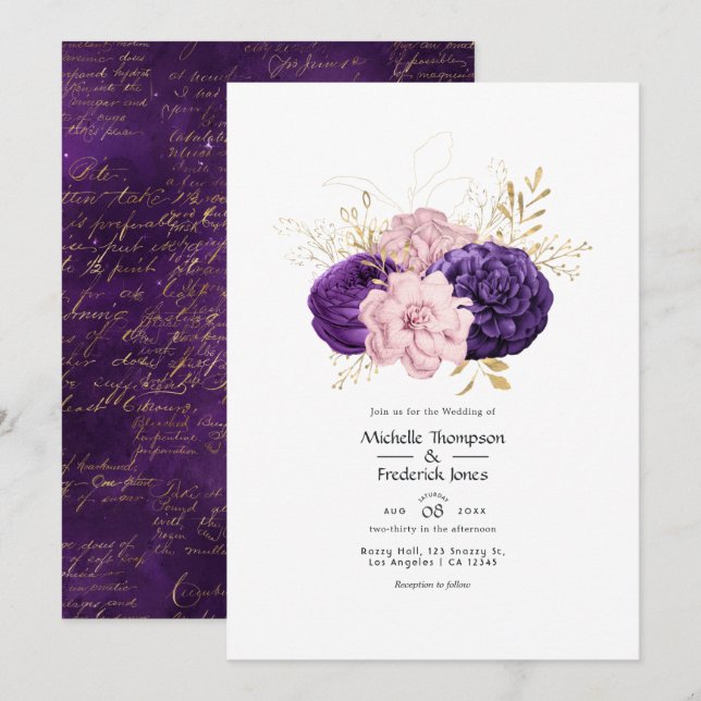 Invitación Boda floral rosa y violeta (Anverso / Reverso)