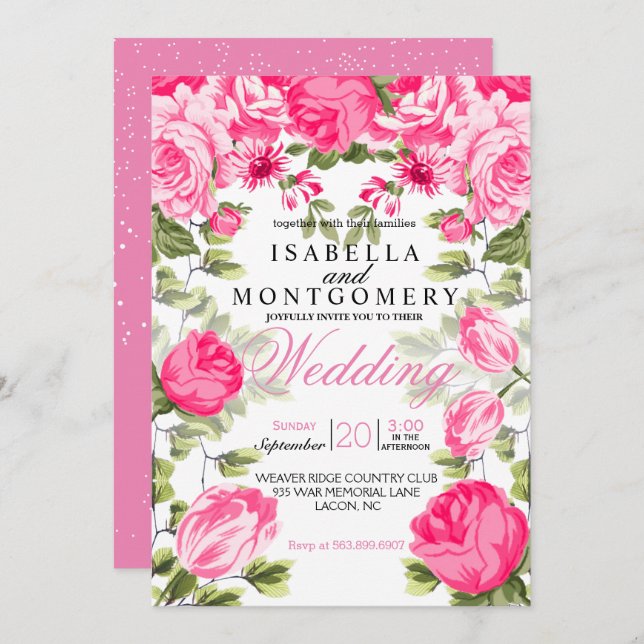 Invitación Boda floral rosada bonita botánica (Anverso / Reverso)
