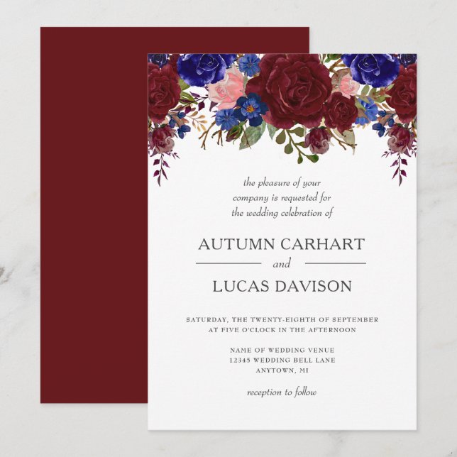 Invitación Boda floral rosada de la Marina de Marsala (Anverso / Reverso)