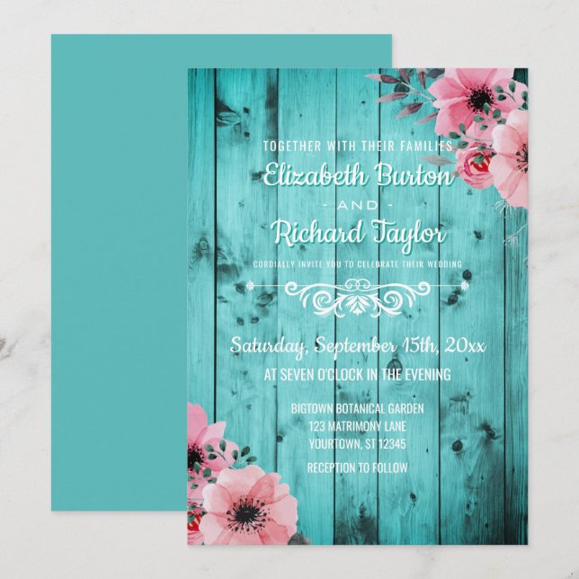 Invitación Boda floral rosada de madera verde azulada de Boho (Anverso / Reverso)