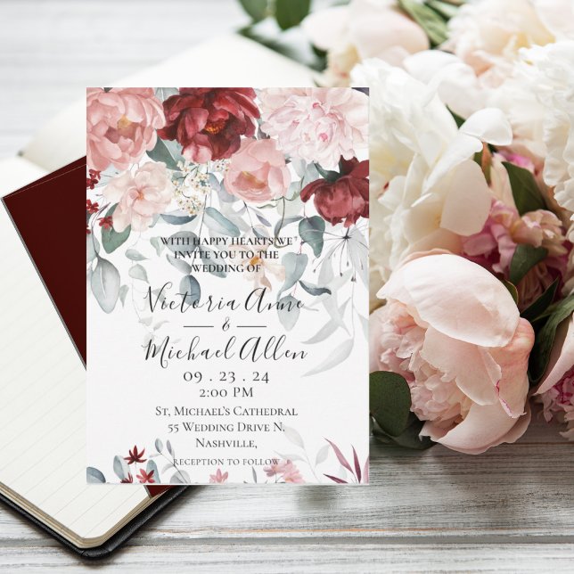Invitación Boda floral rosada de Rubor en Borgoña (Subido por el creador)