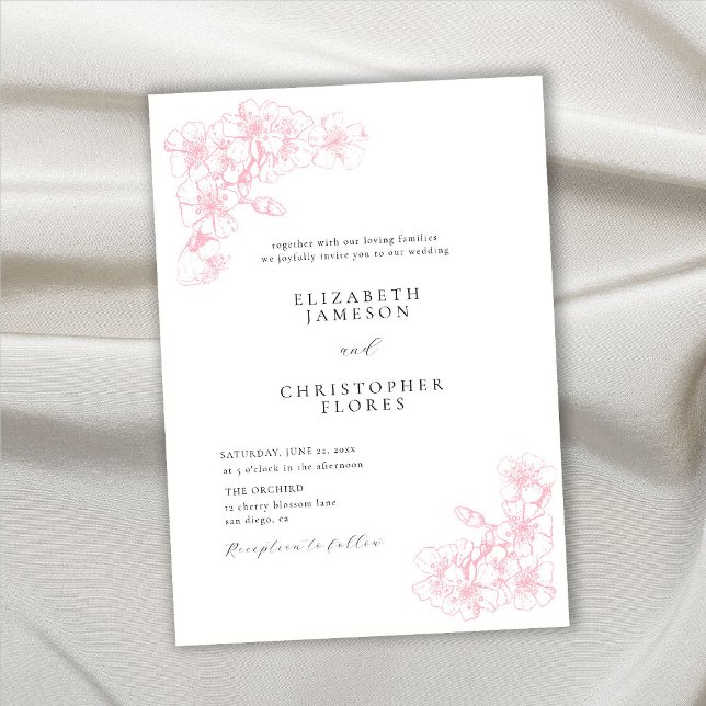 Invitación Boda floral rosada del bosquejo de cerezo moderno (Subido por el creador)