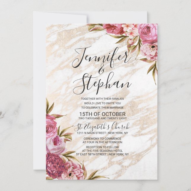 Invitación Boda floral rosada elegante del mármol del oro (Anverso)