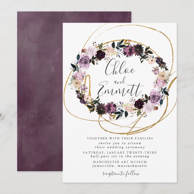 Invitación Boda floral rosada morada dorada Swirls (Anverso / Reverso)