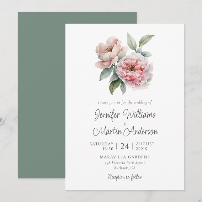 Invitación Boda floral rosada peony Rustic (Anverso / Reverso)