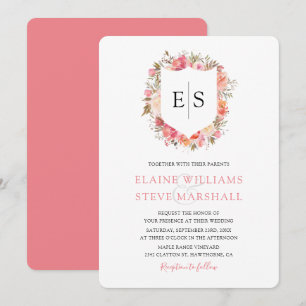 Invitación Boda floral rosada real del escudo del monograma