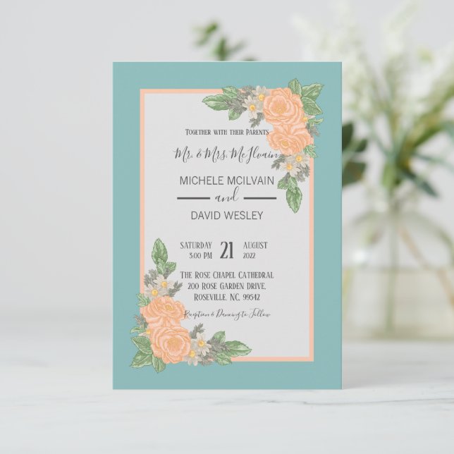 Invitación Boda floral rosada y agitado de presupuesto (Anverso de pie)