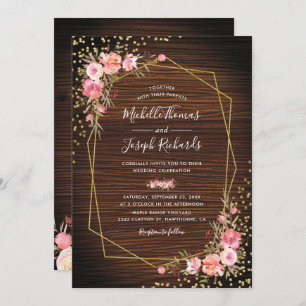 Invitación Boda floral rosado geométrico de oro de madera rús