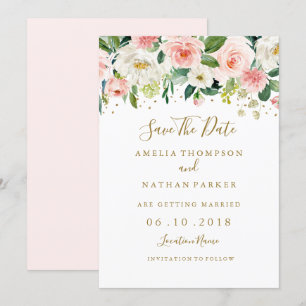 Invitación Boda Floral Rosado Oro Guardar La Fecha