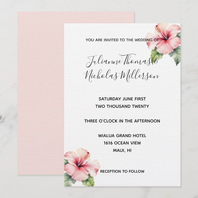 Invitación Boda floral rosado trópico Hibiscus (Anverso / Reverso)