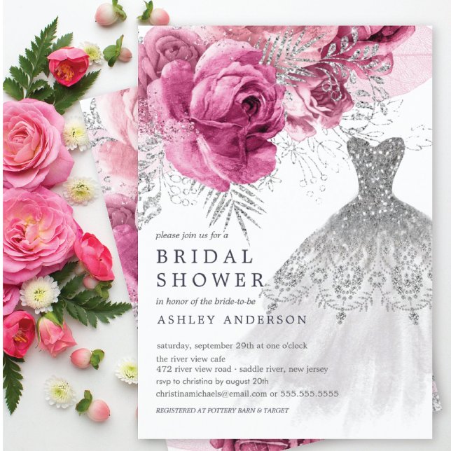 Invitación Boda floral rosado y plateado Vestido de novia duc (Subido por el creador)