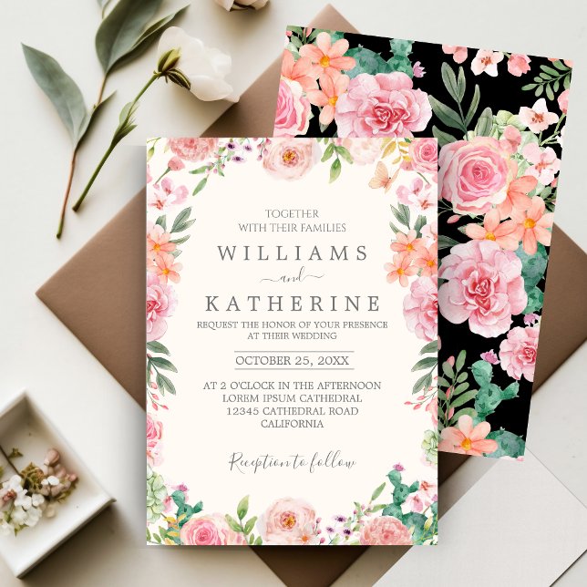 Invitación Boda floral rosado y rosa de Rubor turbio negro (Subido por el creador)