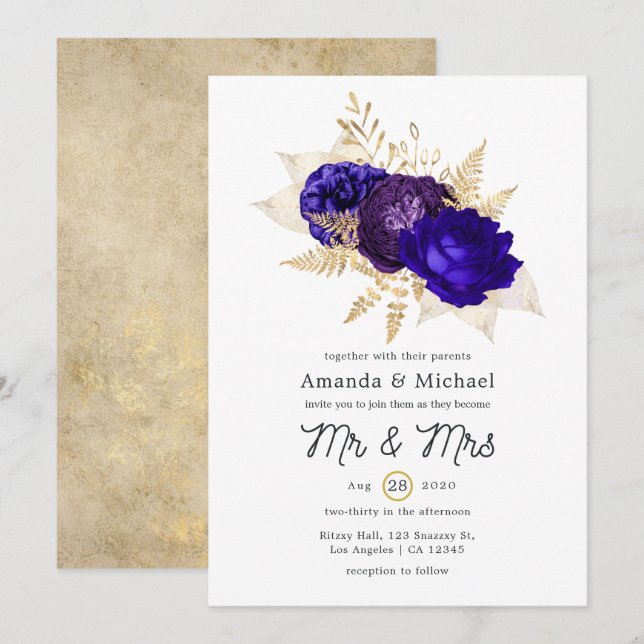 Invitación Boda floral Royal Blue, Purple y Gold (Anverso / Reverso)