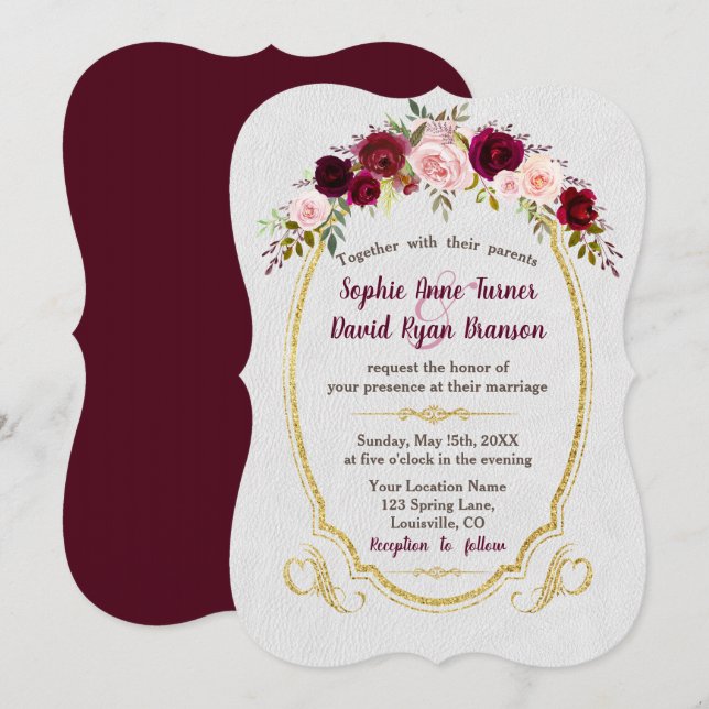 Invitación Boda floral Royal Burgundy Gold Marsala (Anverso / Reverso)