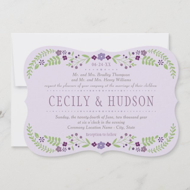 Invitación Boda floral rubio morado y verde (Anverso)