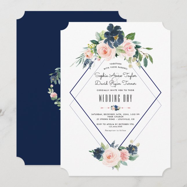 Invitación Boda floral Rubor azul de la armada caprichosa (Anverso / Reverso)