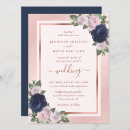 Invitación Boda floral Rubor azul de la Marina de Oro Rosa