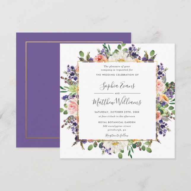 Invitación Boda Floral Rubor blanco Vibrante Purple Peach (Anverso / Reverso)