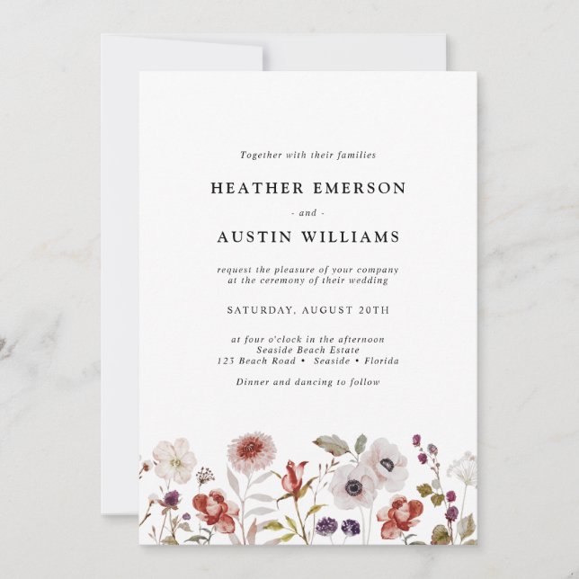 Invitación Boda Floral Rubor Burgundy Watercolor (Anverso)