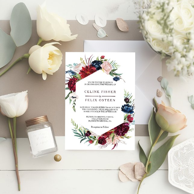 Invitación Boda floral Rubor de la Marina Borgoña moderna (Subido por el creador)