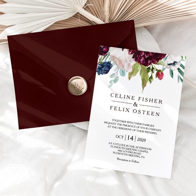 Invitación Boda floral Rubor de la Marina Borgoña moderna (Subido por el creador)