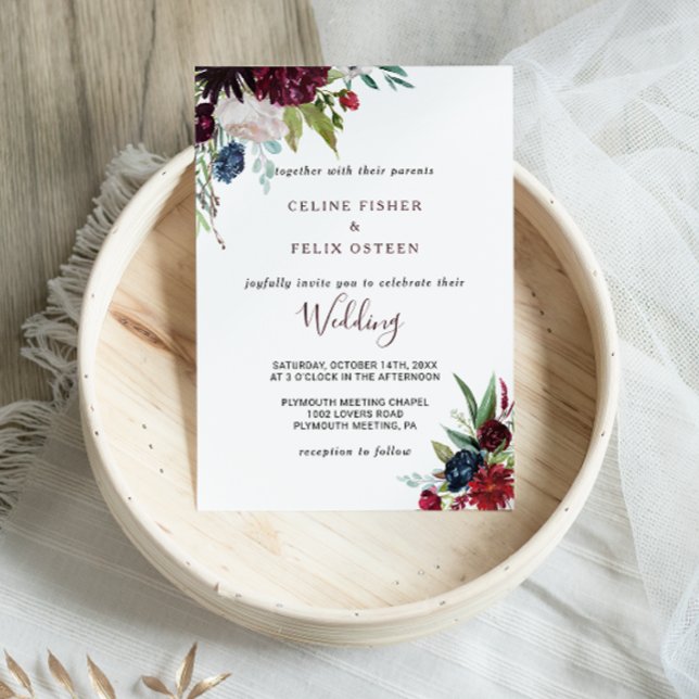 Invitación Boda floral Rubor de la Marina Borgoña moderna (Subido por el creador)