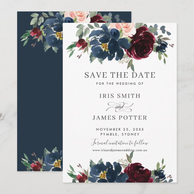 Invitación Boda floral Rubor de la Marina Borgoña salva la fe (Anverso / Reverso)