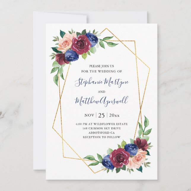 Invitación Boda floral Rubor de la Marina Geométrica Azul Bor (Anverso)