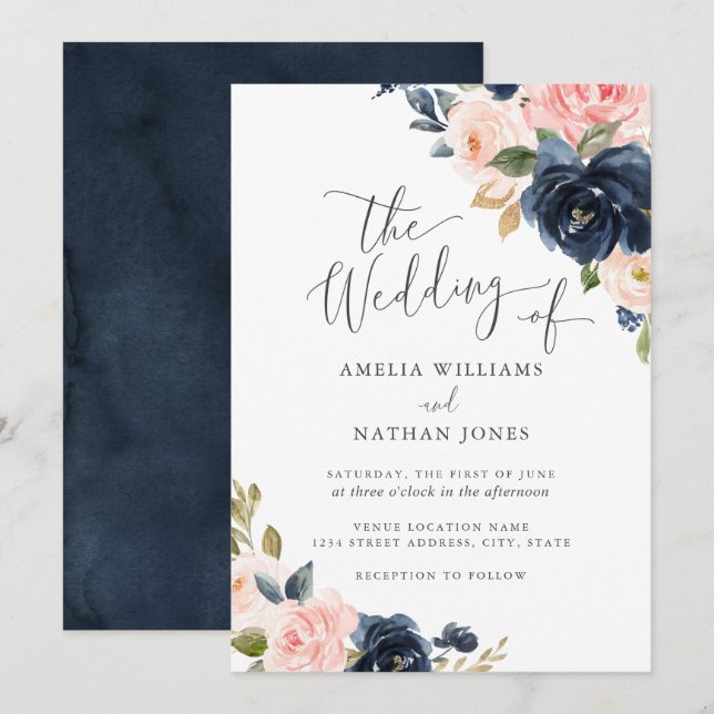 Invitación Boda floral Rubor de la Marina moderna (Anverso / Reverso)