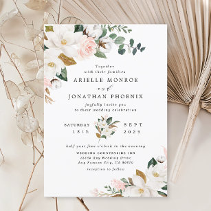 Invitación Boda floral Rubor de oro rosa y magnolia blanca