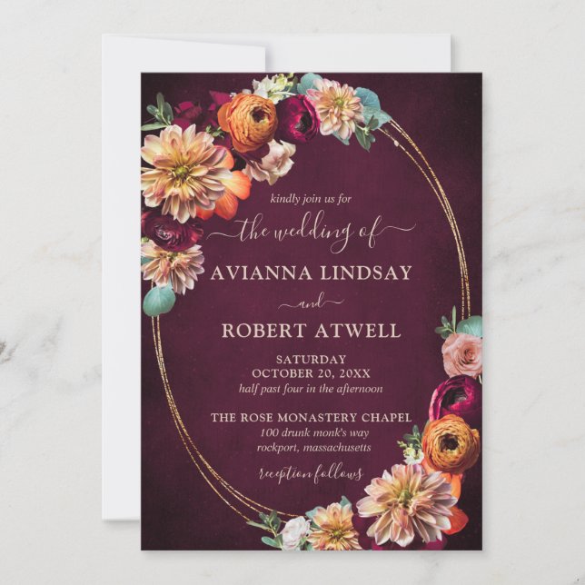 Invitación Boda Floral Rubor del Naranja Rojo Borgoña de Otoñ (Anverso)