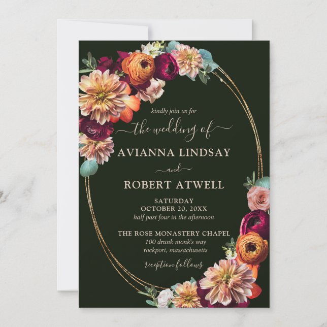 Invitación Boda Floral Rubor del Naranja Rojo Borgoña de Otoñ (Anverso)