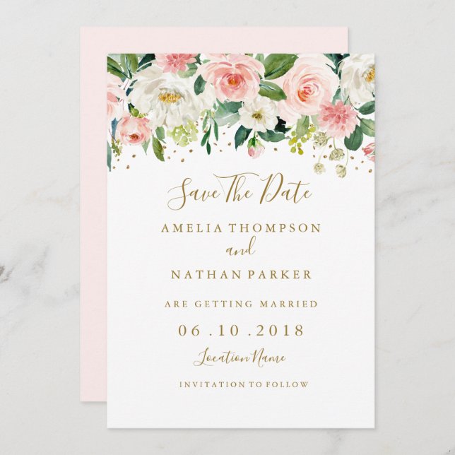 Invitación Boda Floral Rubor Oro Guardar la Fecha (Anverso / Reverso)