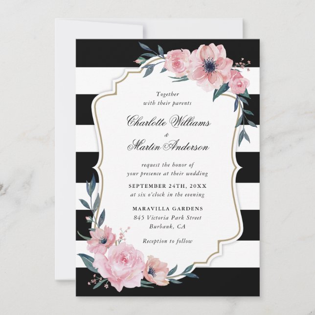 Invitación Boda floral Rubor Pink Black Stripes (Anverso)