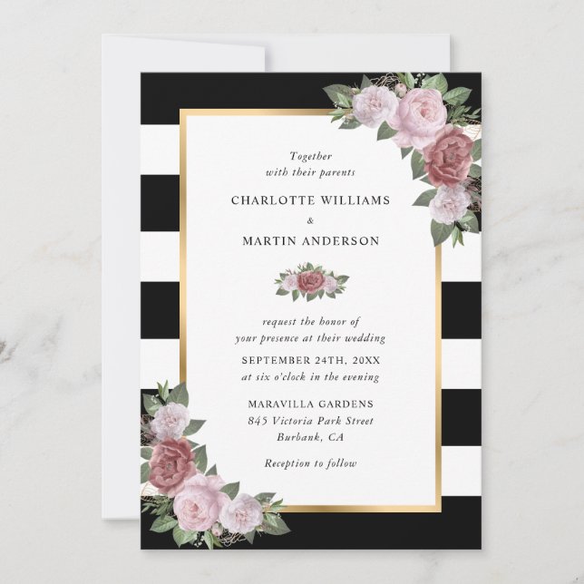 Invitación Boda Floral Rubor Pink Gold Black Strips (Anverso)