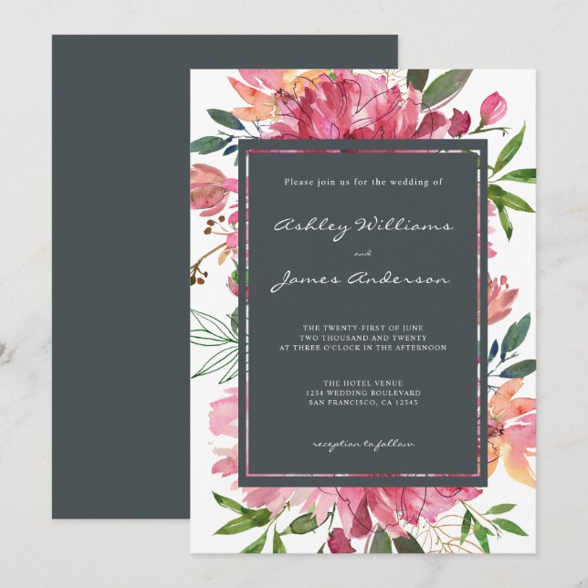 Invitación Boda floral Ruby Pink Peony (Anverso / Reverso)