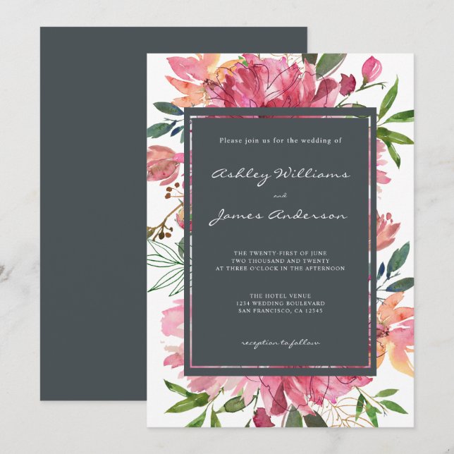 Invitación Boda floral Ruby Pink Peony (Anverso / Reverso)