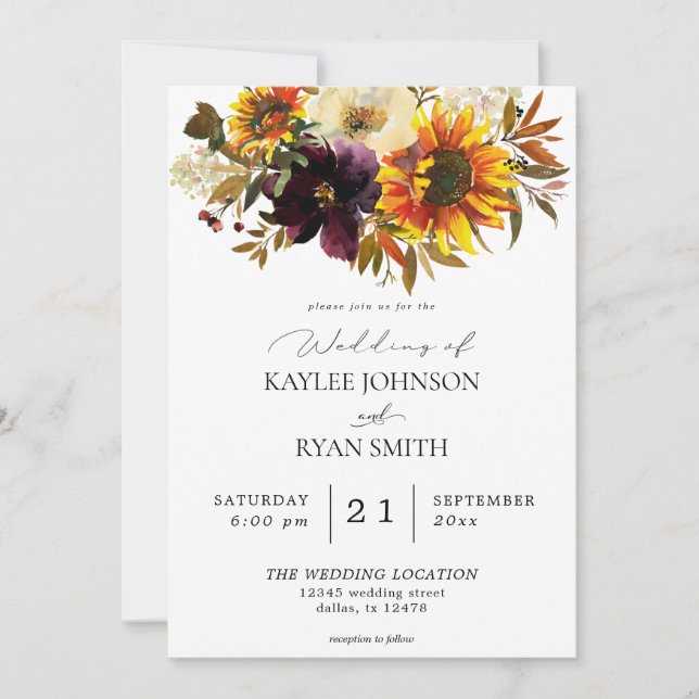 Invitación Boda floral ruidoso de girasol y violeta morada (Anverso)