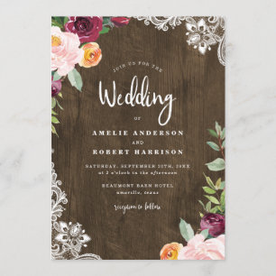 Invitación Boda floral ruidoso de Rubor borgoña