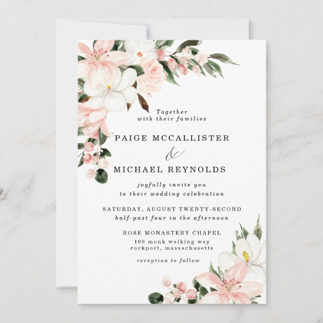 Invitación Boda floral rusa rosa y blanca de Rubor (Anverso)