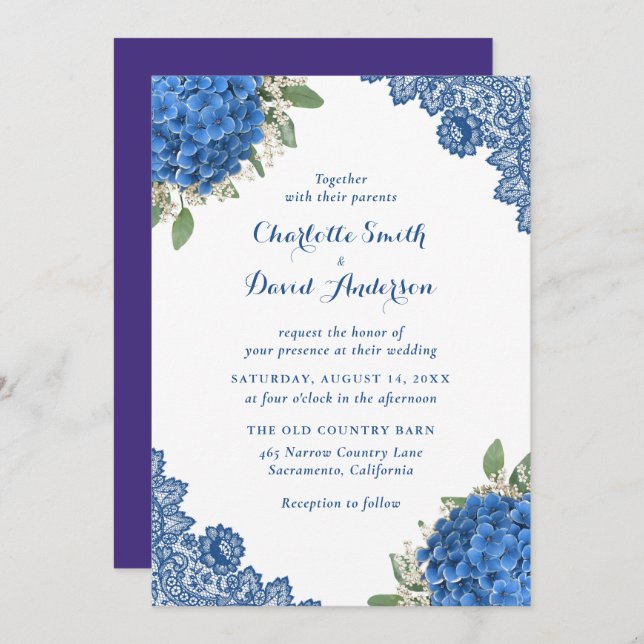 Invitación Boda floral Rusal Morado y Azul (Anverso / Reverso)